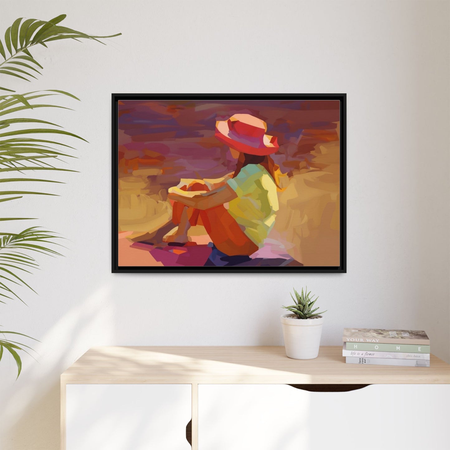 Framed Matte Canvas — Colorful Seated Girl Beach Art