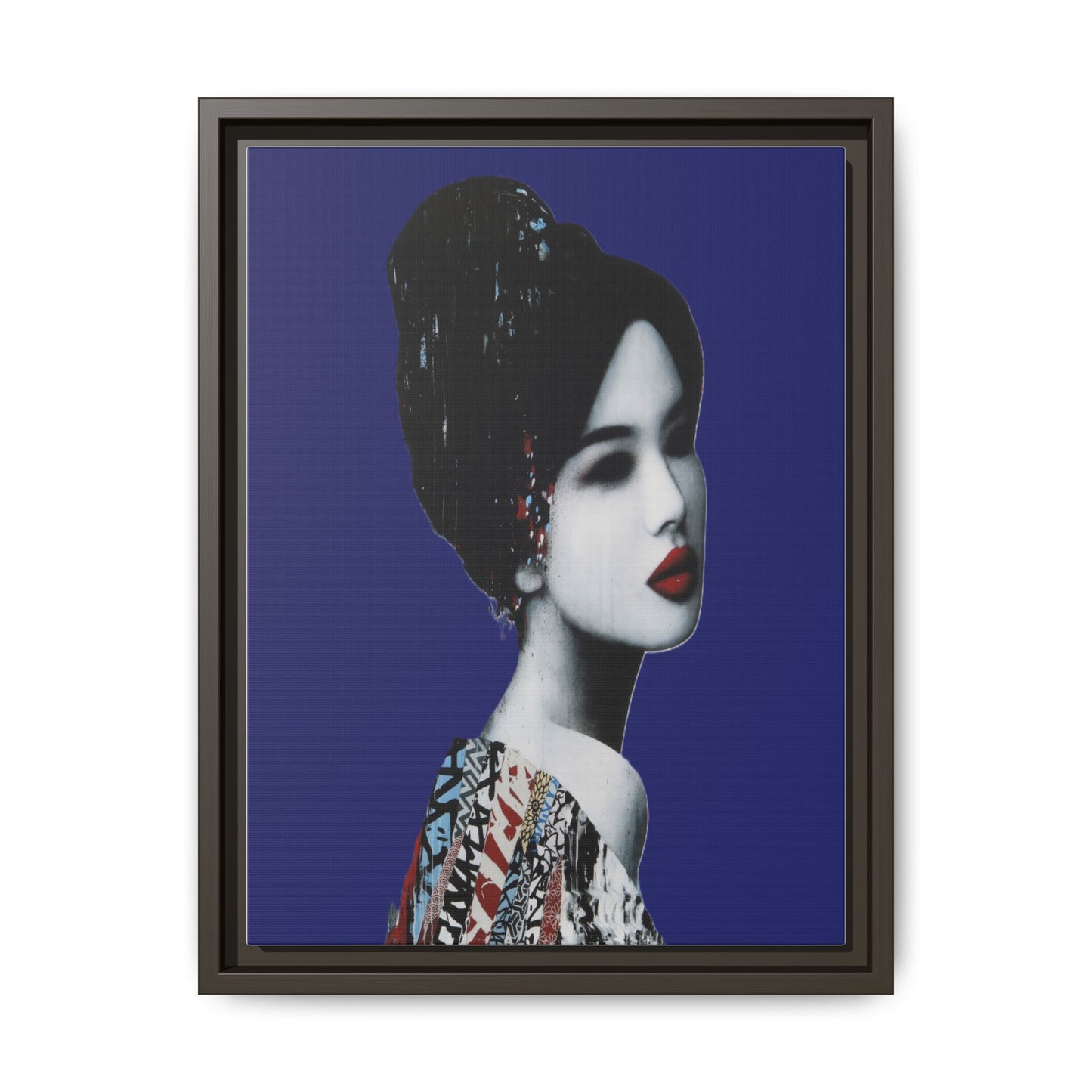 Framed Matte Canvas Art — Elegant Geisha Portrait on Deep Blue