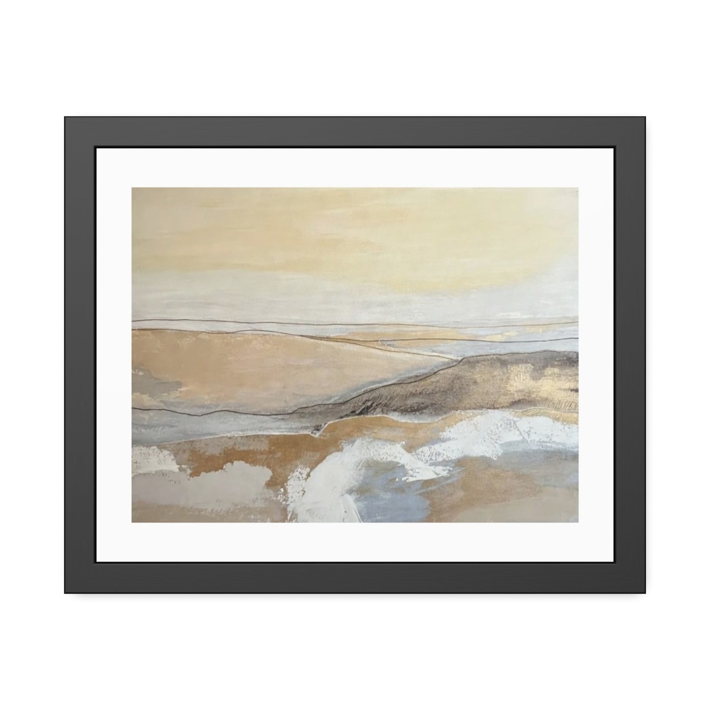 Abstract Coastal Landscape Framed Paper Poster — Neutral Beige Blue Wall Art