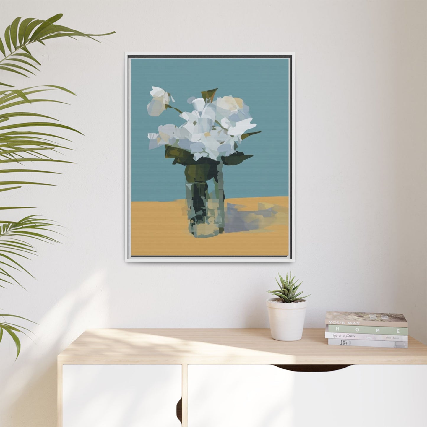 Framed Floral Still Life Canvas Art — Modern White Bouquet Wall Art
