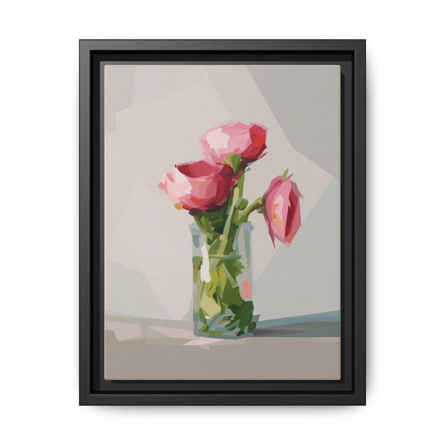 Framed Canvas Art — Pink Roses in Vase, Modern Floral Wall Print