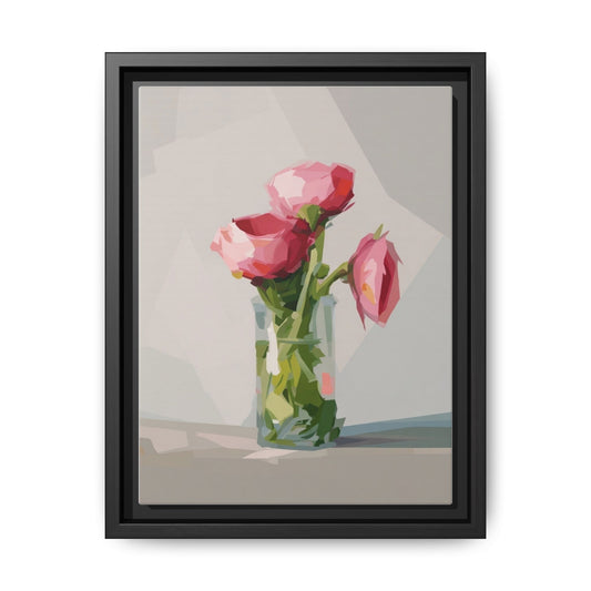 Framed Canvas Art — Pink Roses in Vase, Modern Floral Wall Print