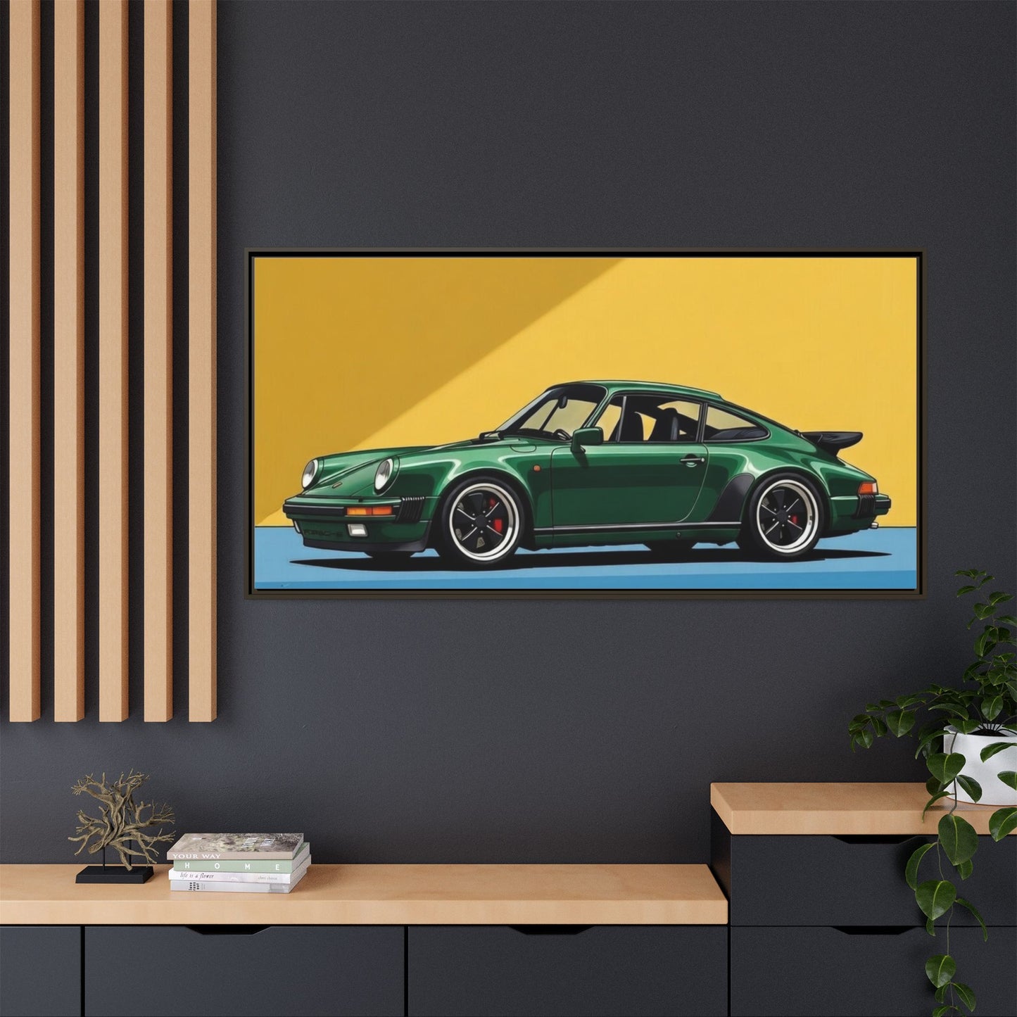 Framed Matte Canvas — Green Sports Car Wall Art