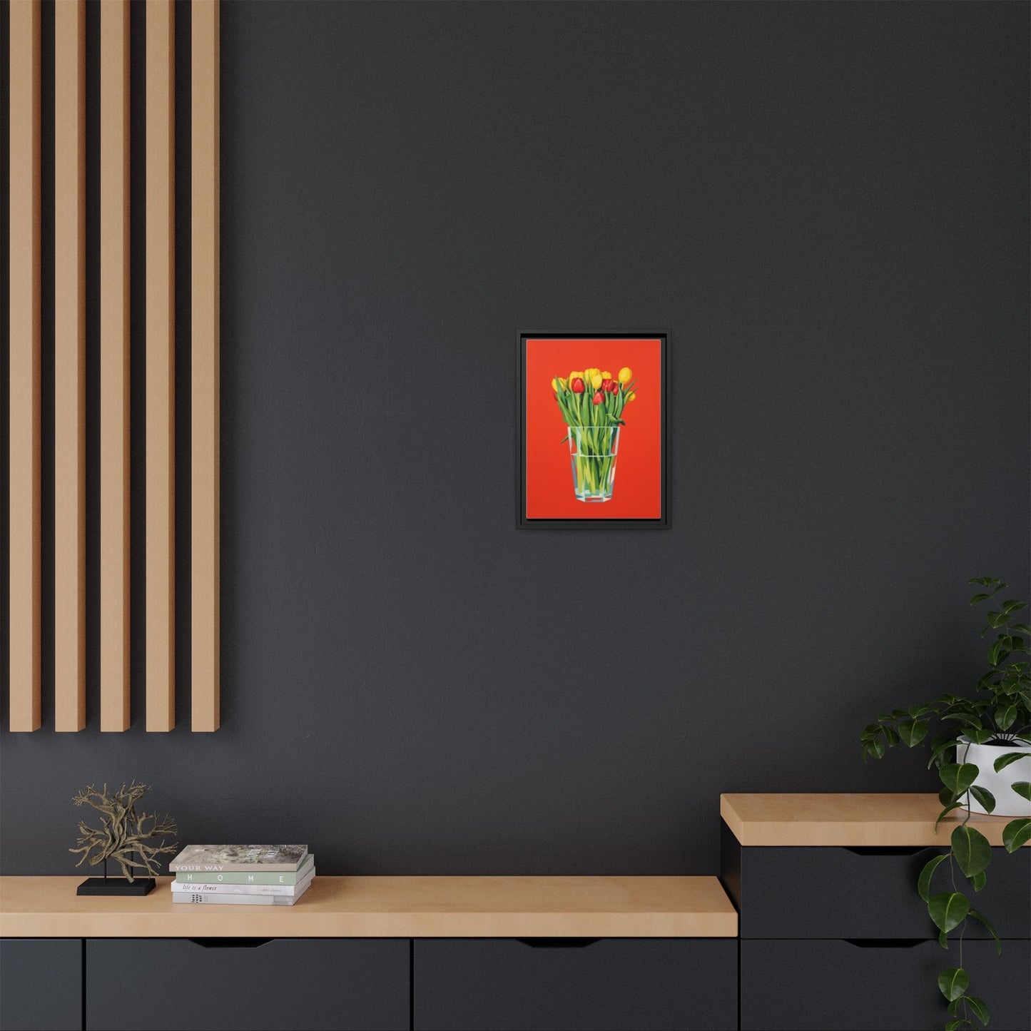Framed Tulip Bouquet Matte Canvas Art — Vibrant Red Floral Wall Print