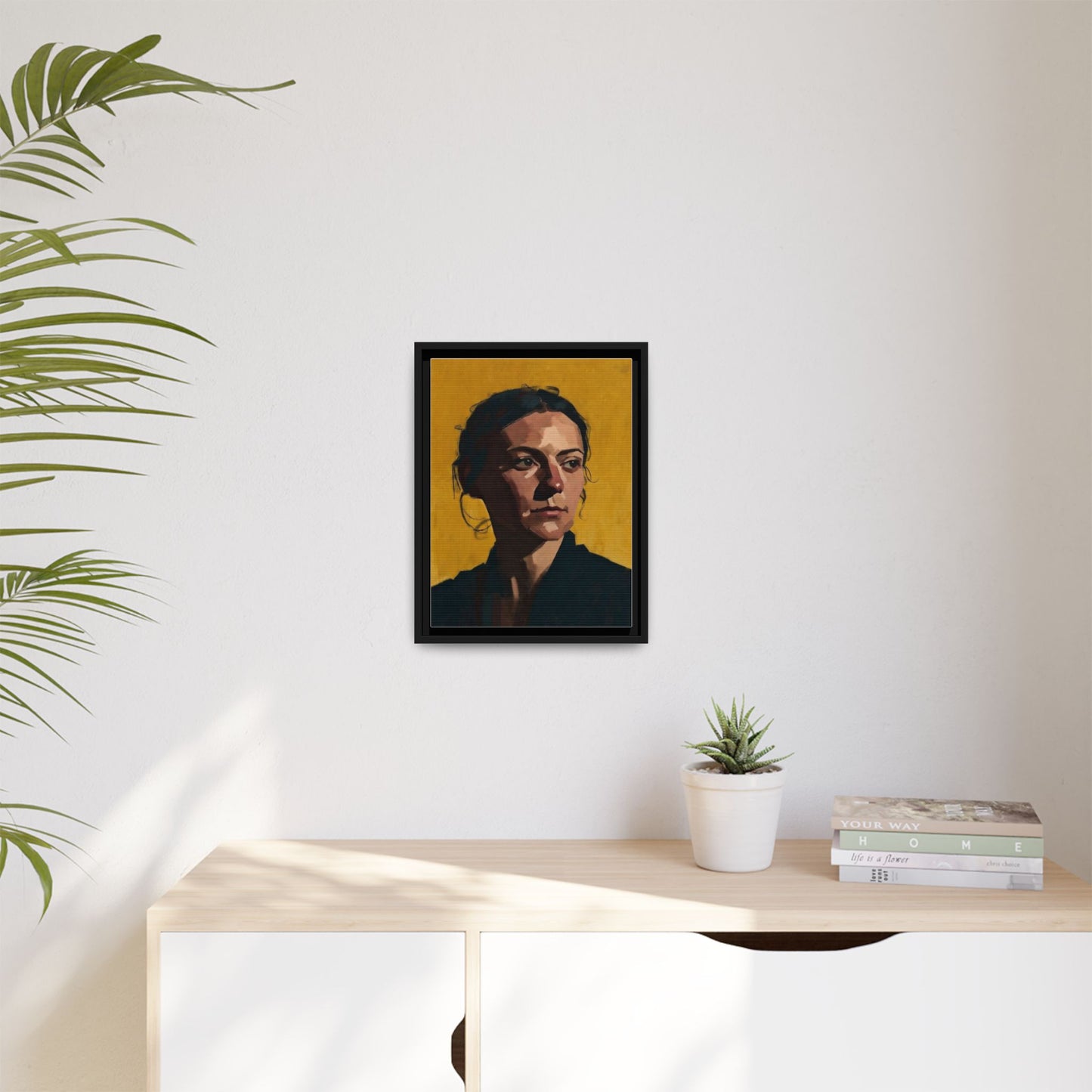 Framed Matte Canvas Portrait Art — Moody Woman on Mustard Background