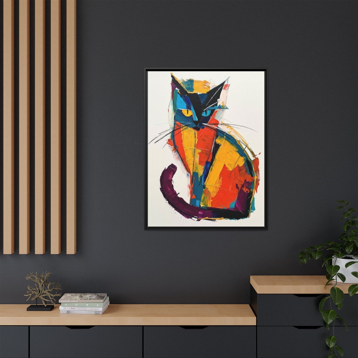 Colorful Abstract Cat Framed Canvas — Modern Matte Wall Art