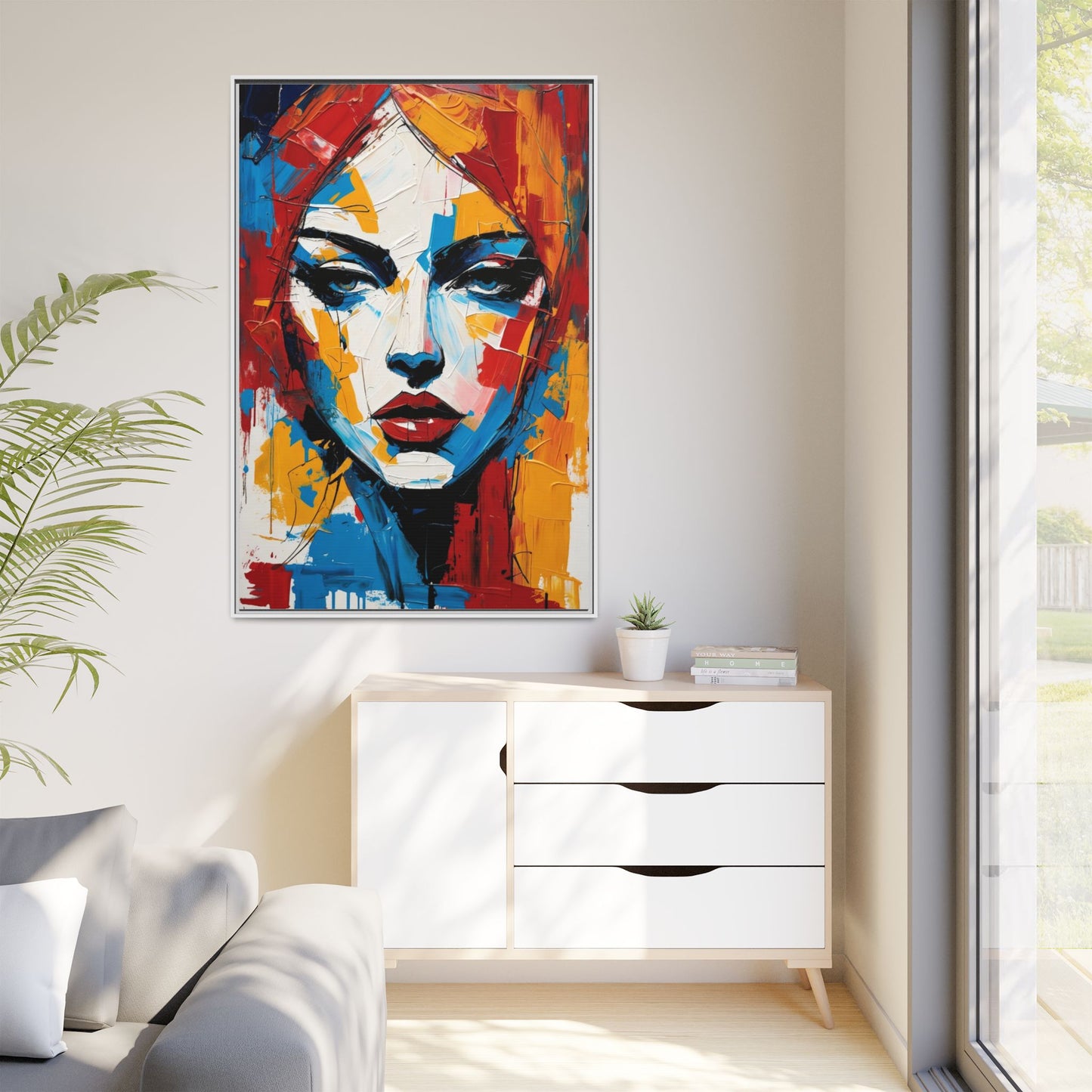 Framed Abstract Portrait Canvas — Colorful Female Face Wall Art
