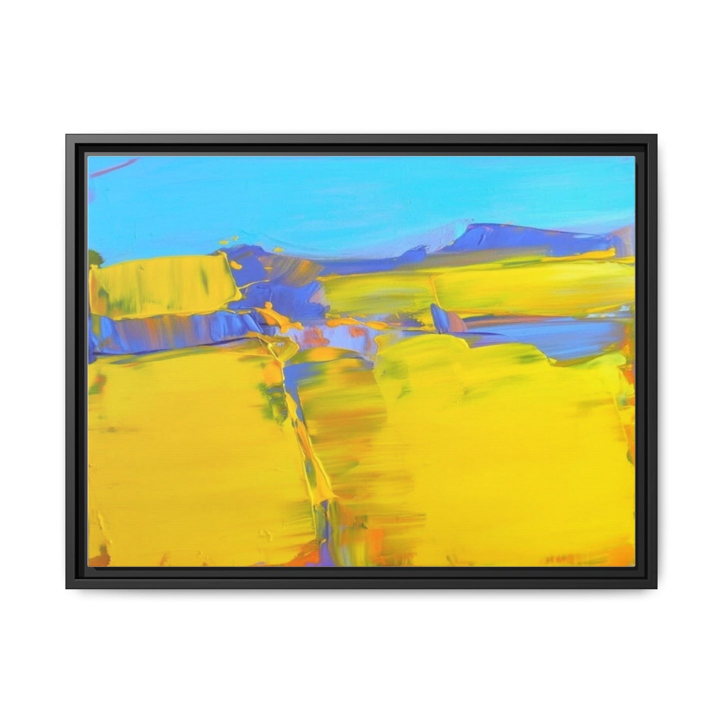 Framed Matte Canvas  Vibrant Yellow Blue Abstract Landscape Art
