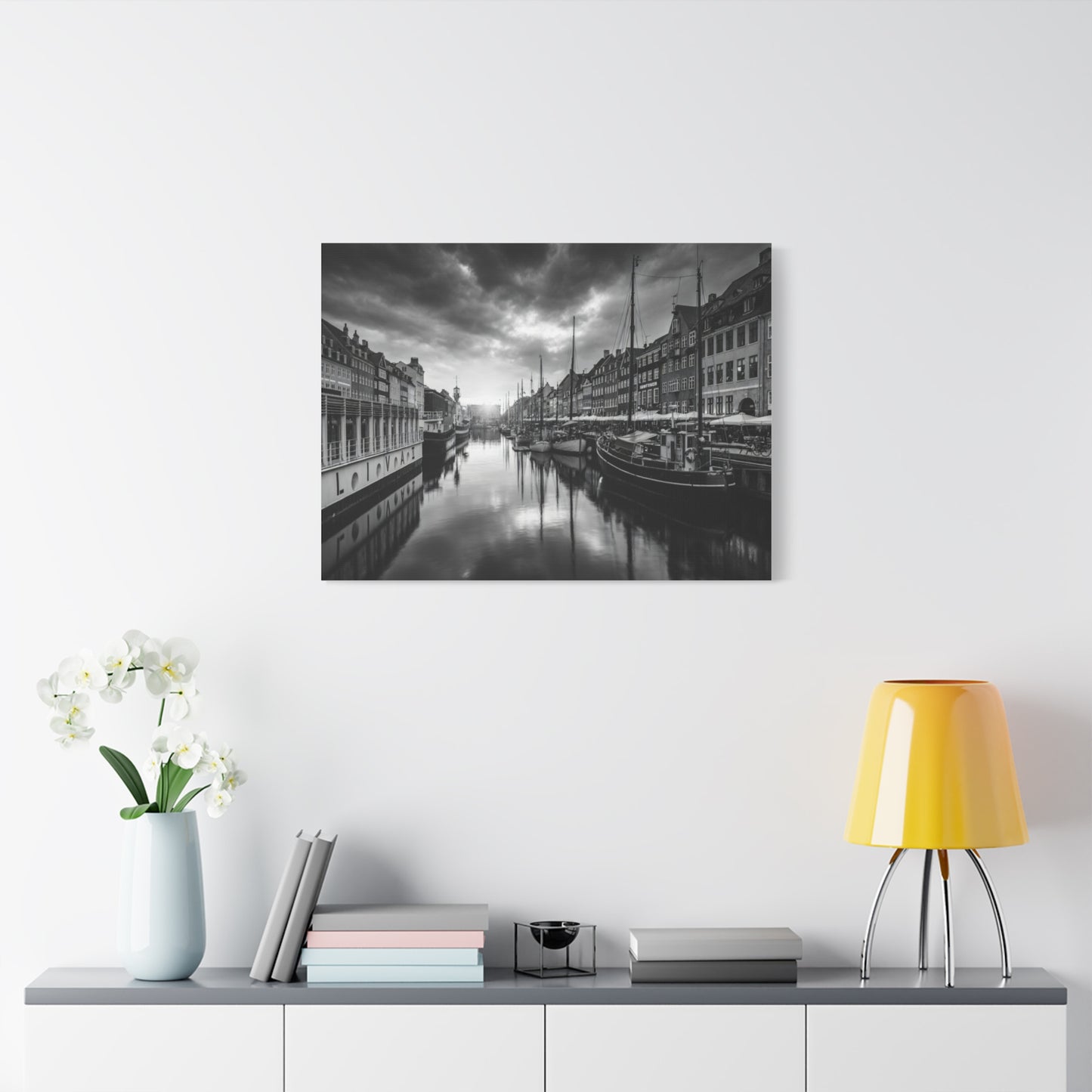 Black & White Harbor Canvas Print — Dramatic Copenhagen Cityscape Wall Art