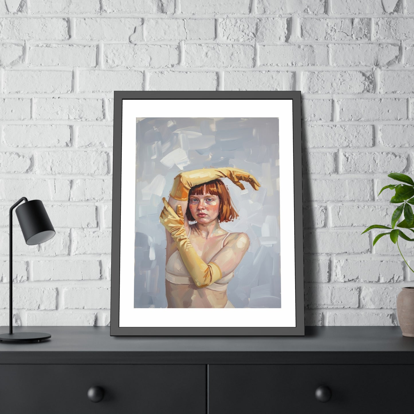 Framed Art Print — Portrait of Woman in Yellow Gloves (Modern Figurative Wall Art)