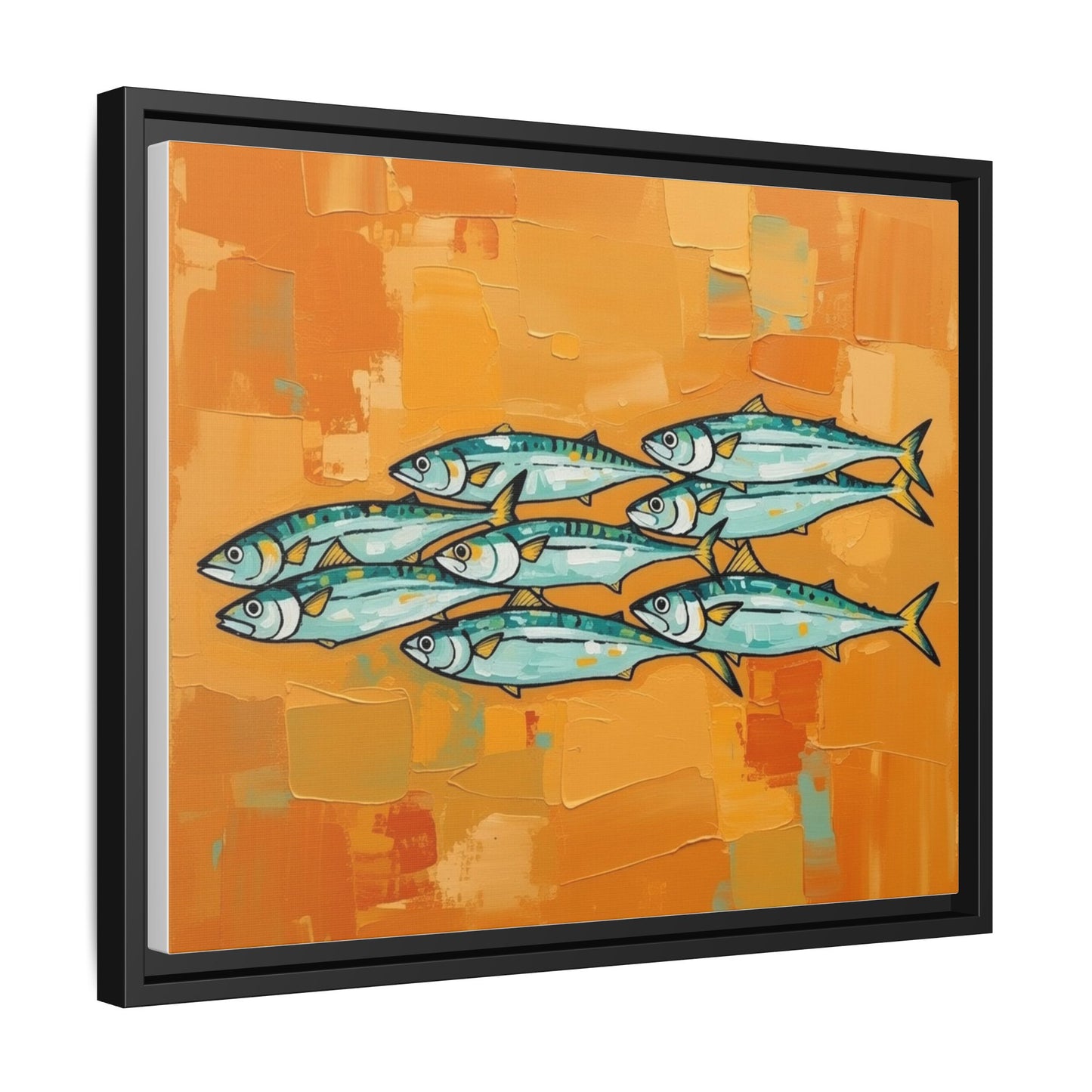 Framed Matte Canvas Print — School of Blue Fish on Orange Abstract Background