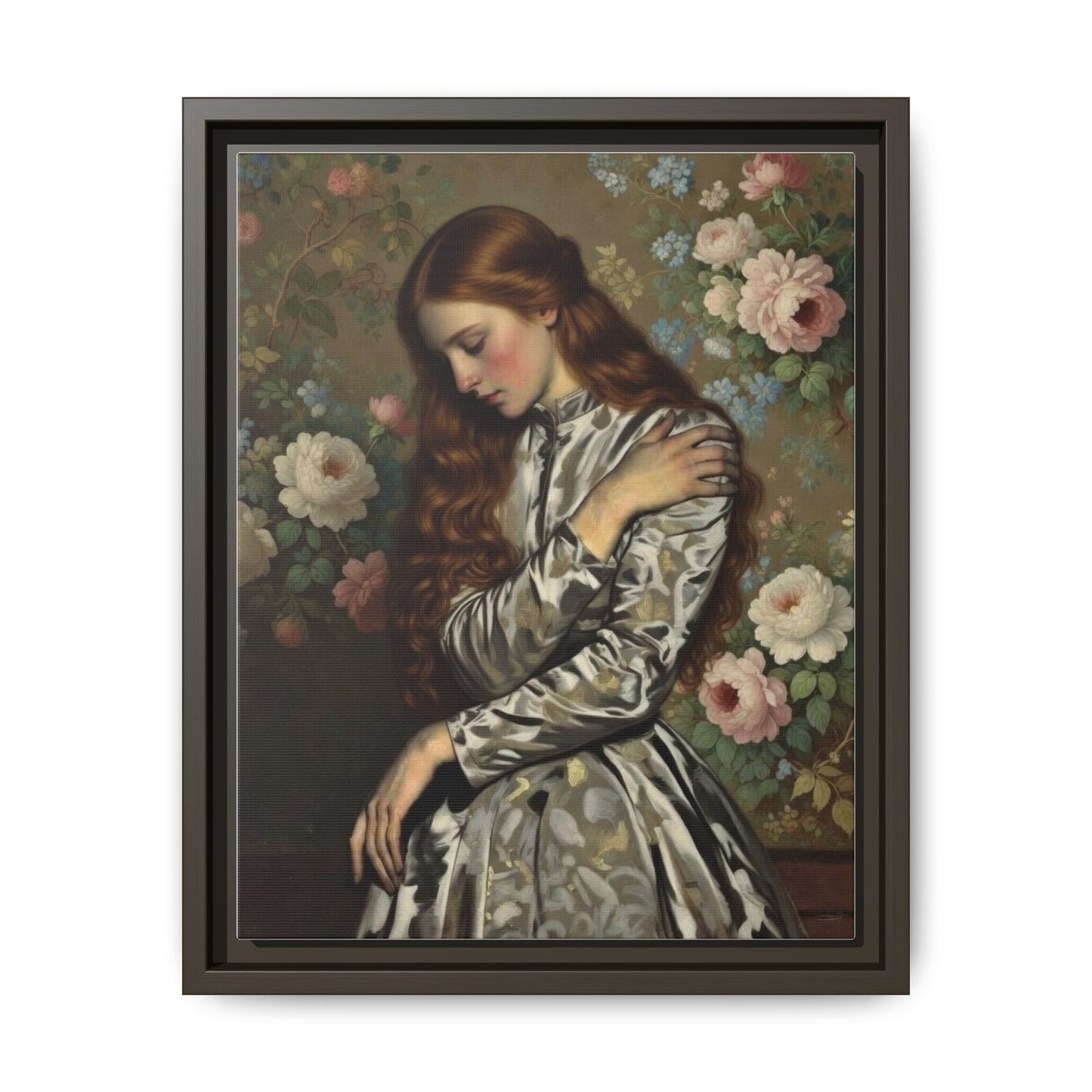 Framed Matte Canvas Art — Vintage Floral Portrait of a Young Woman