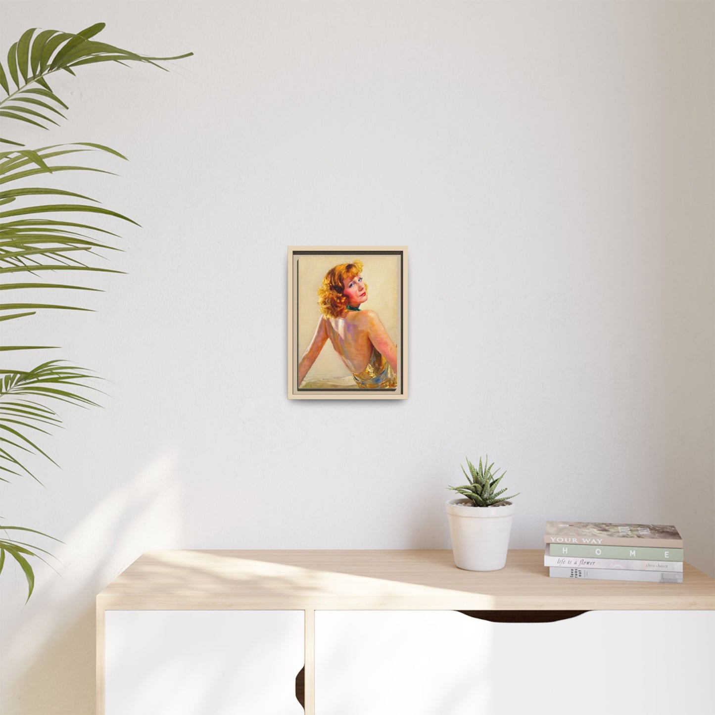 Framed Matte Canvas Print — Vintage Portrait of Redhead Greta Garbo in Gold Dress