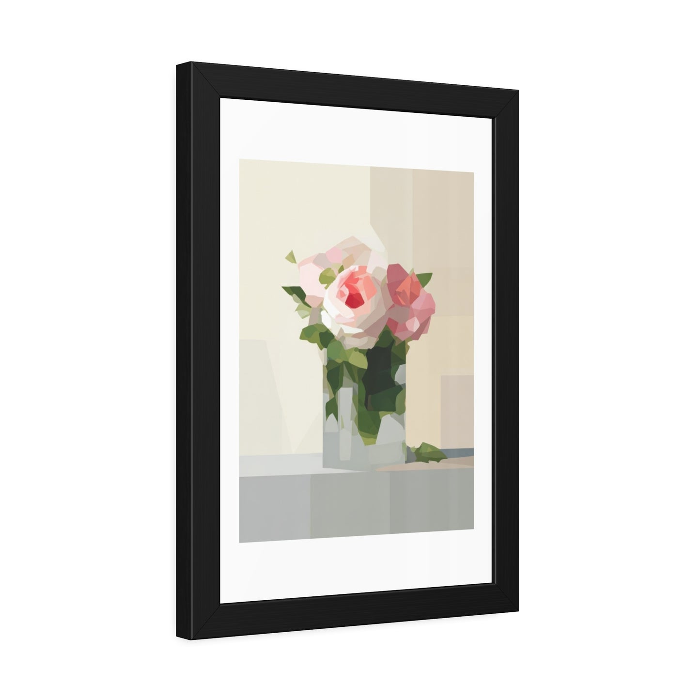 Framed Floral Poster — Geometric Pink Rose Wall Art