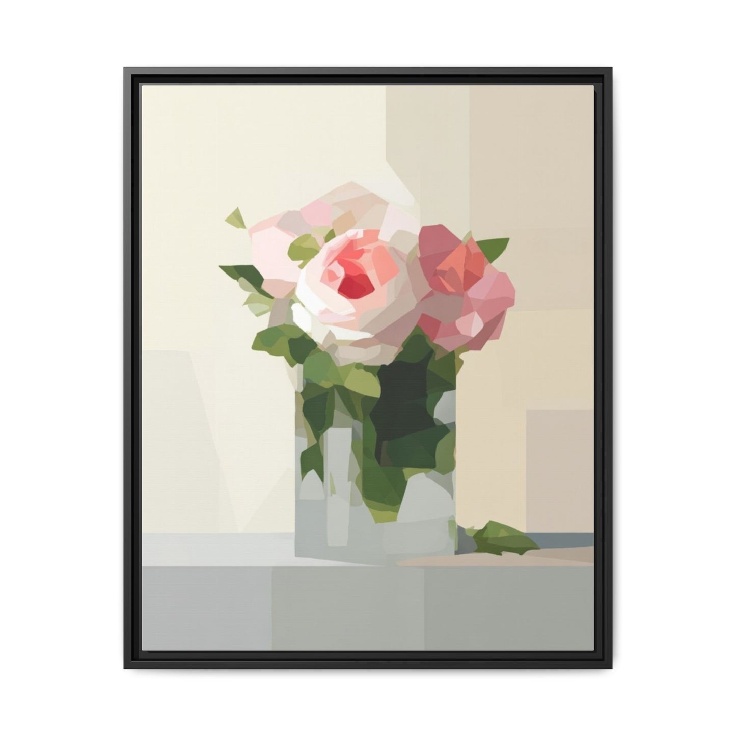 Framed Floral Canvas Print — Geometric Pink Rose Wall Art
