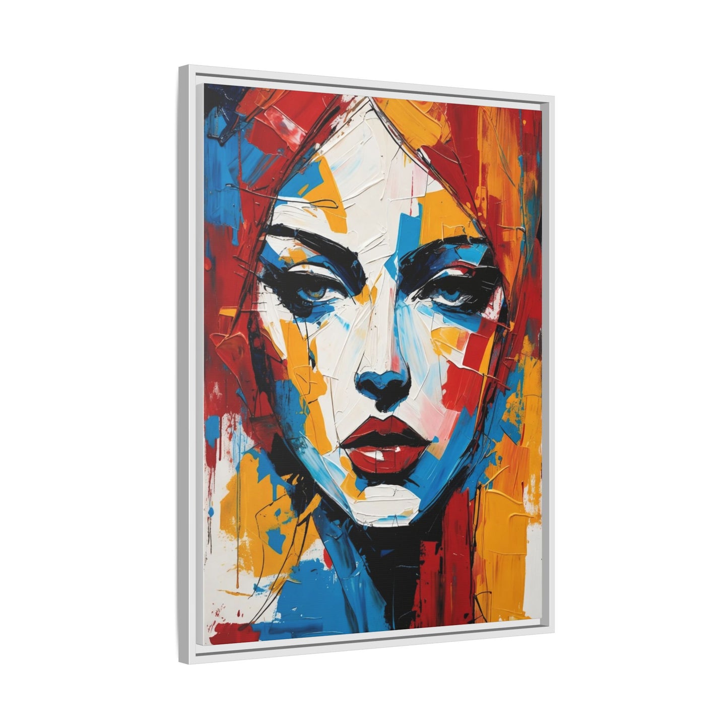 Framed Abstract Portrait Canvas — Colorful Female Face Wall Art
