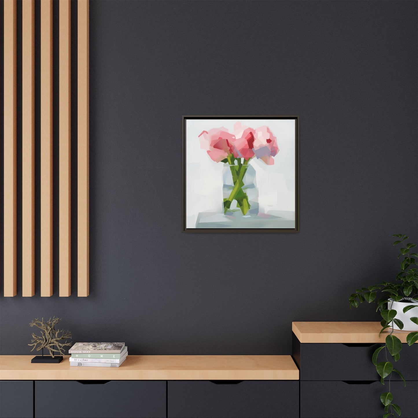 Framed Floral Canvas Art — Pink Peonies in Vase (Matte)