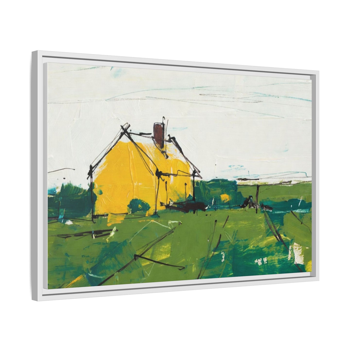 Yellow Cottage Landscape Framed Canvas Print