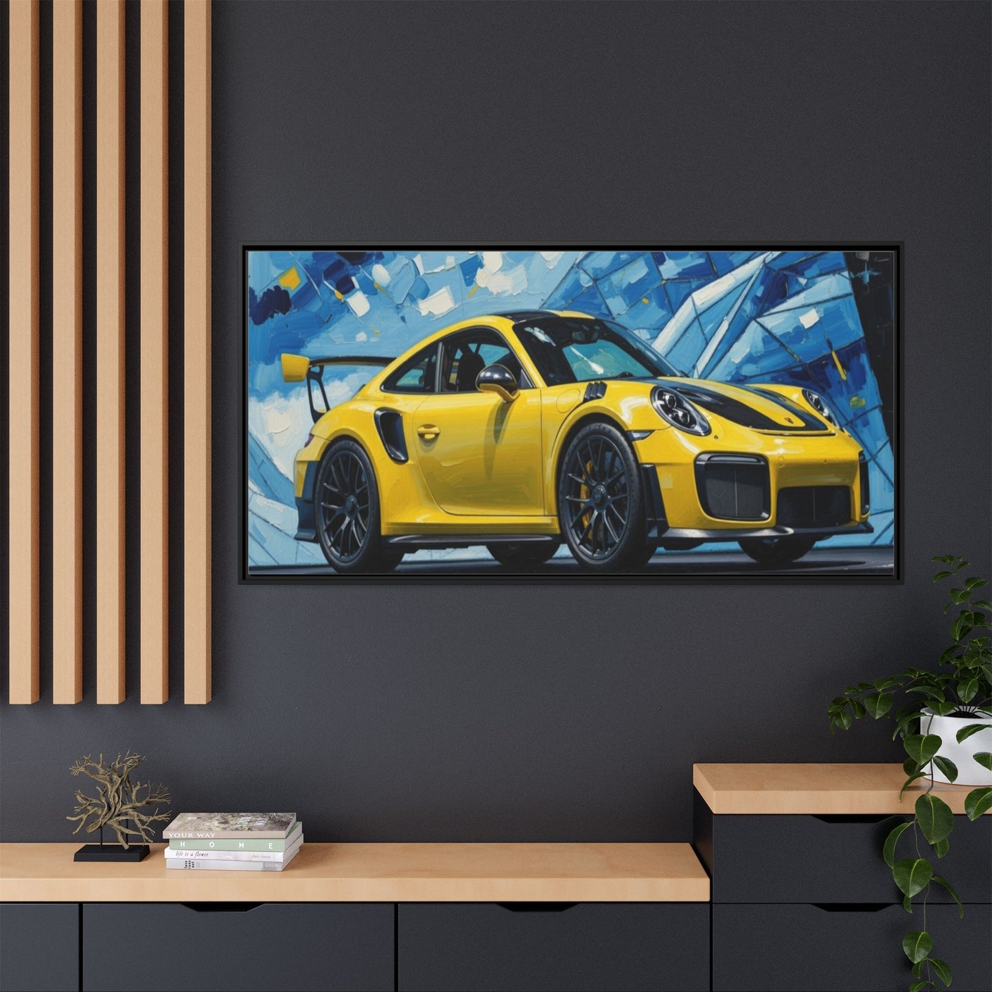 Yellow Porsche Sports Car Matte Framed Canvas – Modern Automotive Wall Art