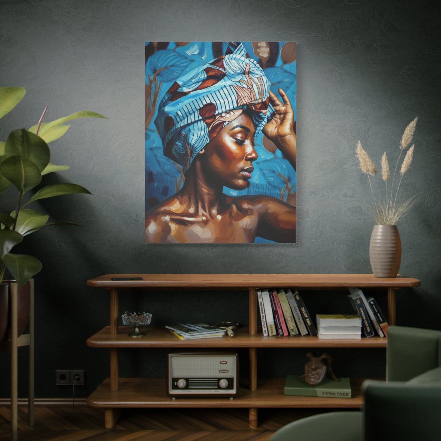 African Woman Portrait Canvas Wall Art - Blue Headwrap Matte Stretched Canvas