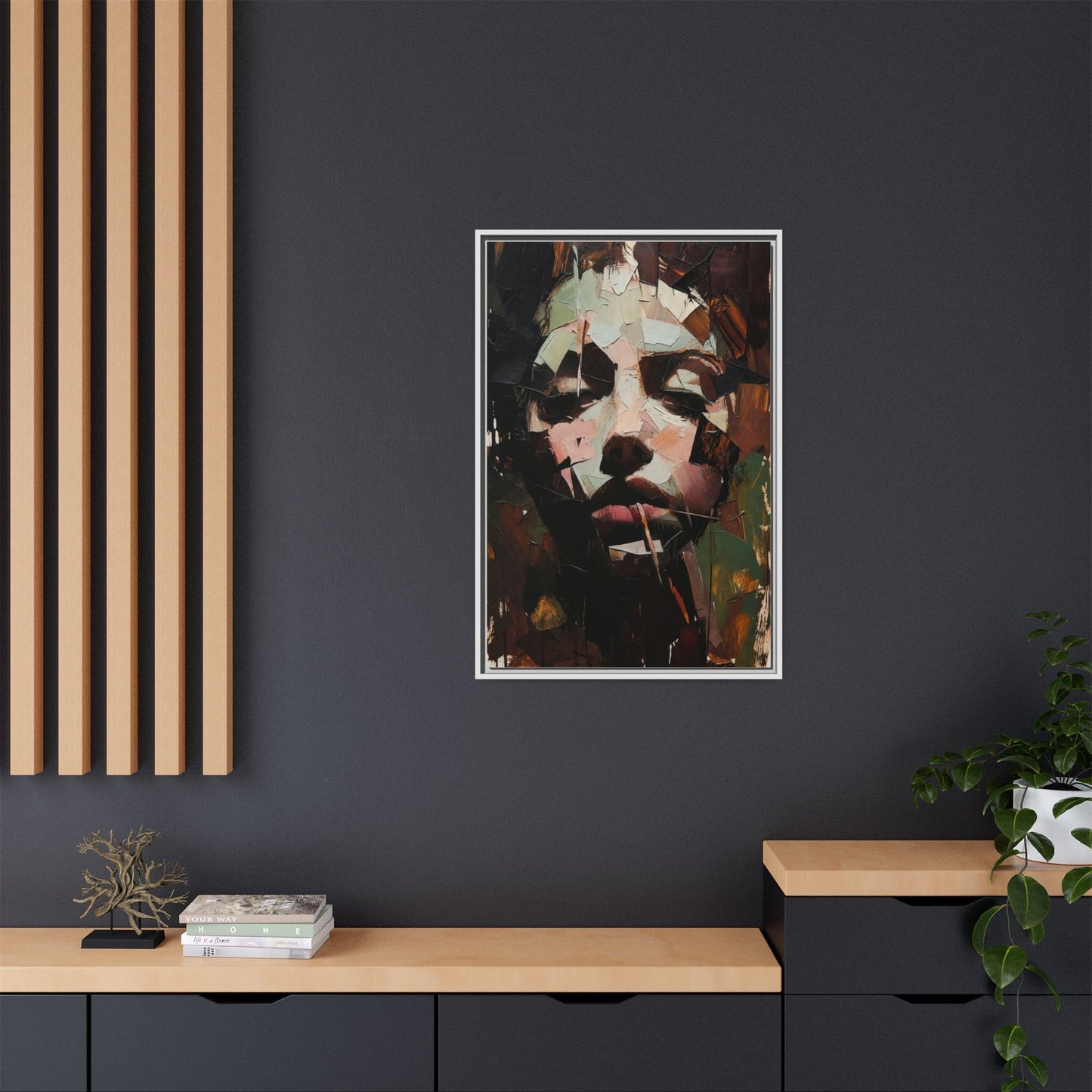 Matte Framed Canvas Art — Abstract Female Portrait, Moody Multicolor