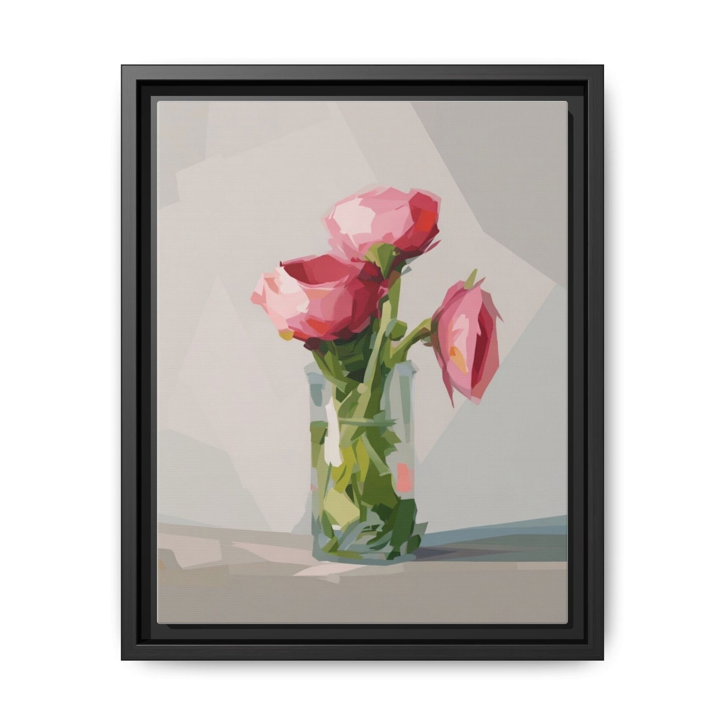 Framed Canvas Art — Pink Roses in Vase, Modern Floral Wall Print