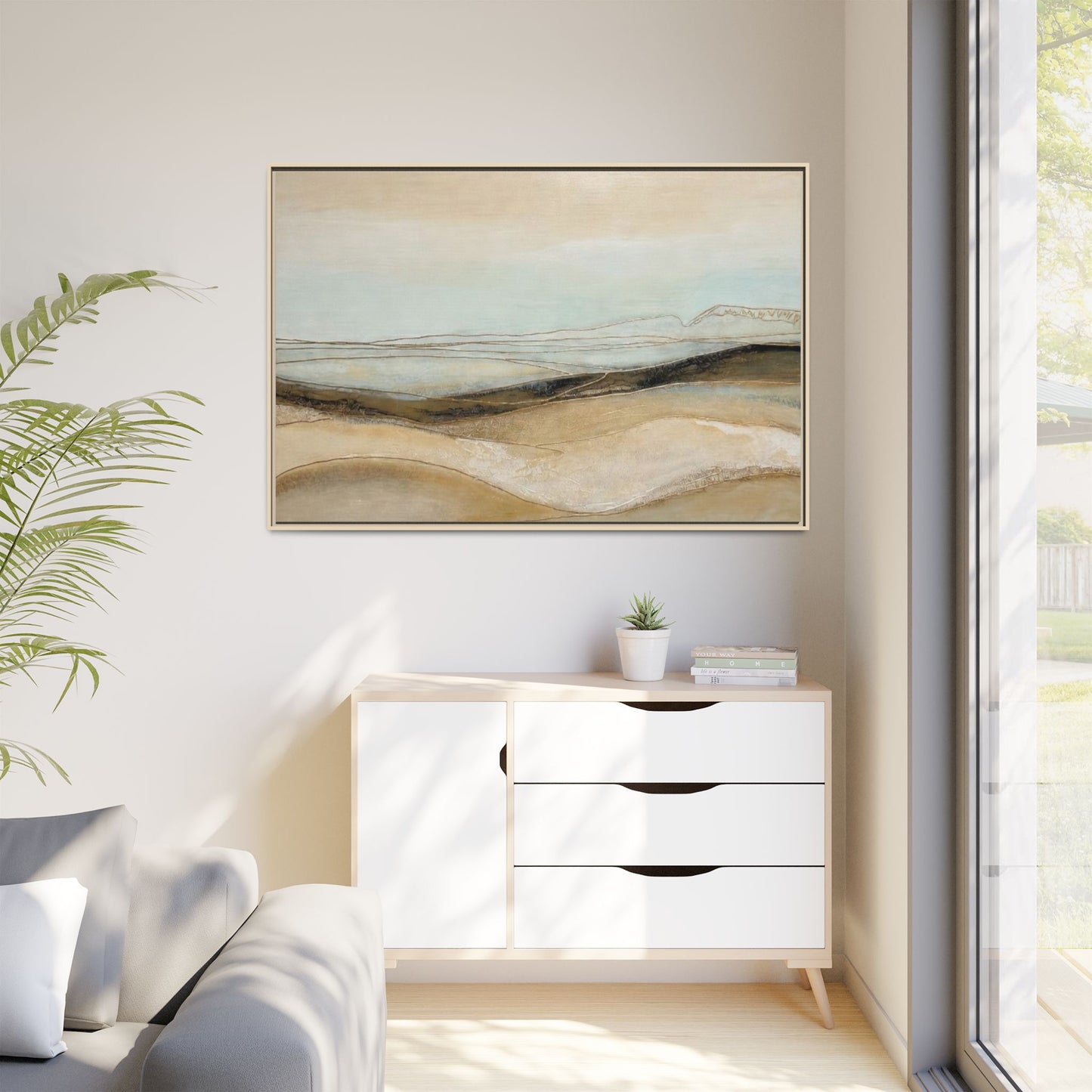 Framed Matte Canvas Wall Art — Neutral Abstract Landscape in Soft Blues & Earth Tones