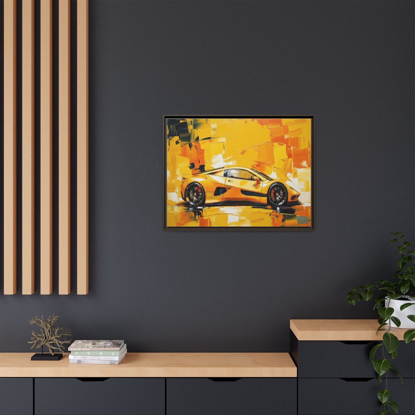 Yellow Sports Car Abstract Matte Canvas Framed Print