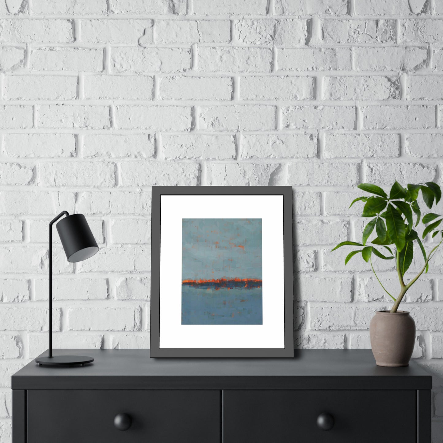 Abstract Seaside Framed Poster — Blue & Copper Minimalist Wall Art