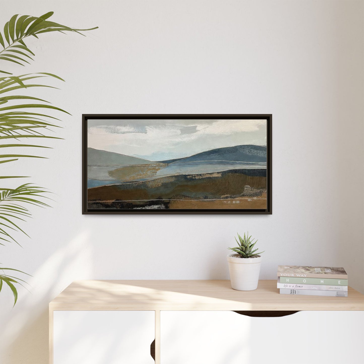 Framed Matte Canvas Landscape Art - Serene Abstract Hills in Blue & Earth Tones