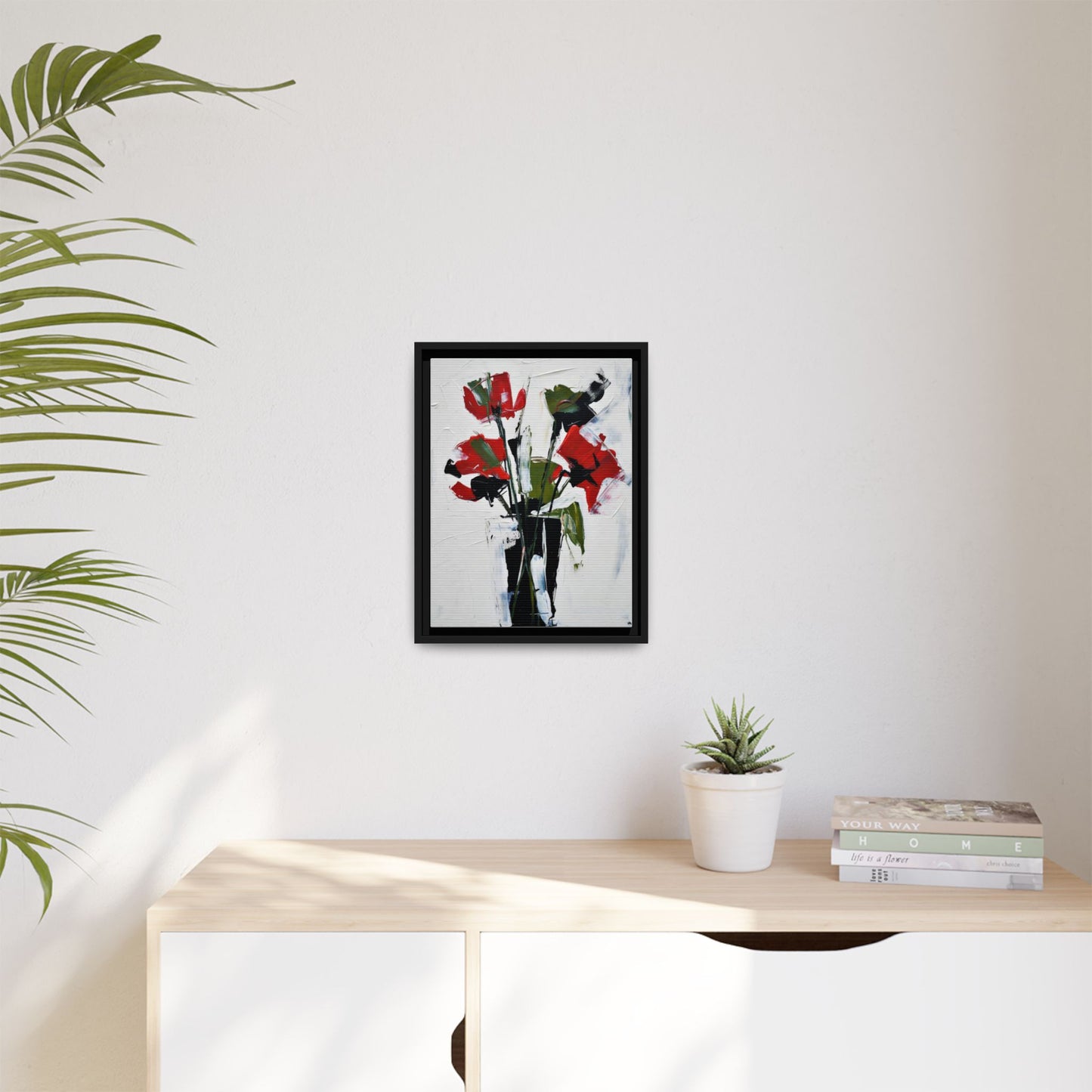 Framed Abstract Floral Canvas Print — Red Poppies in Black Vase