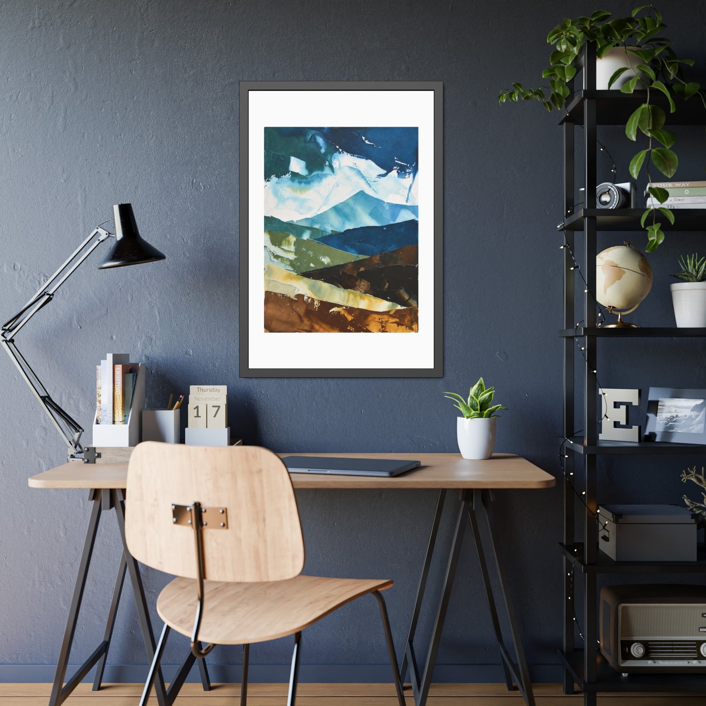 Framed Abstract Mountain Art Print – Blue & Earthtone Layered Landscape Poster