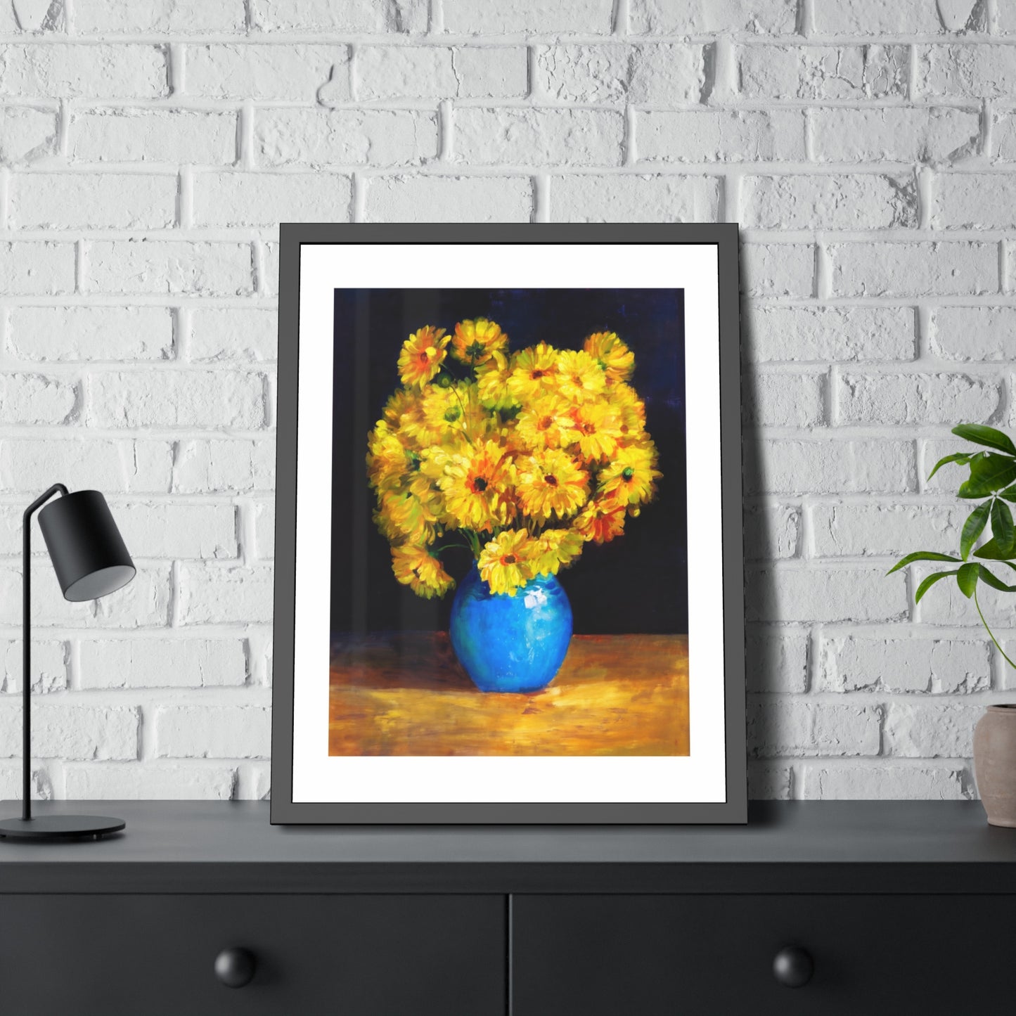 Framed Art Print — Yellow Daisy Bouquet in Blue Vase