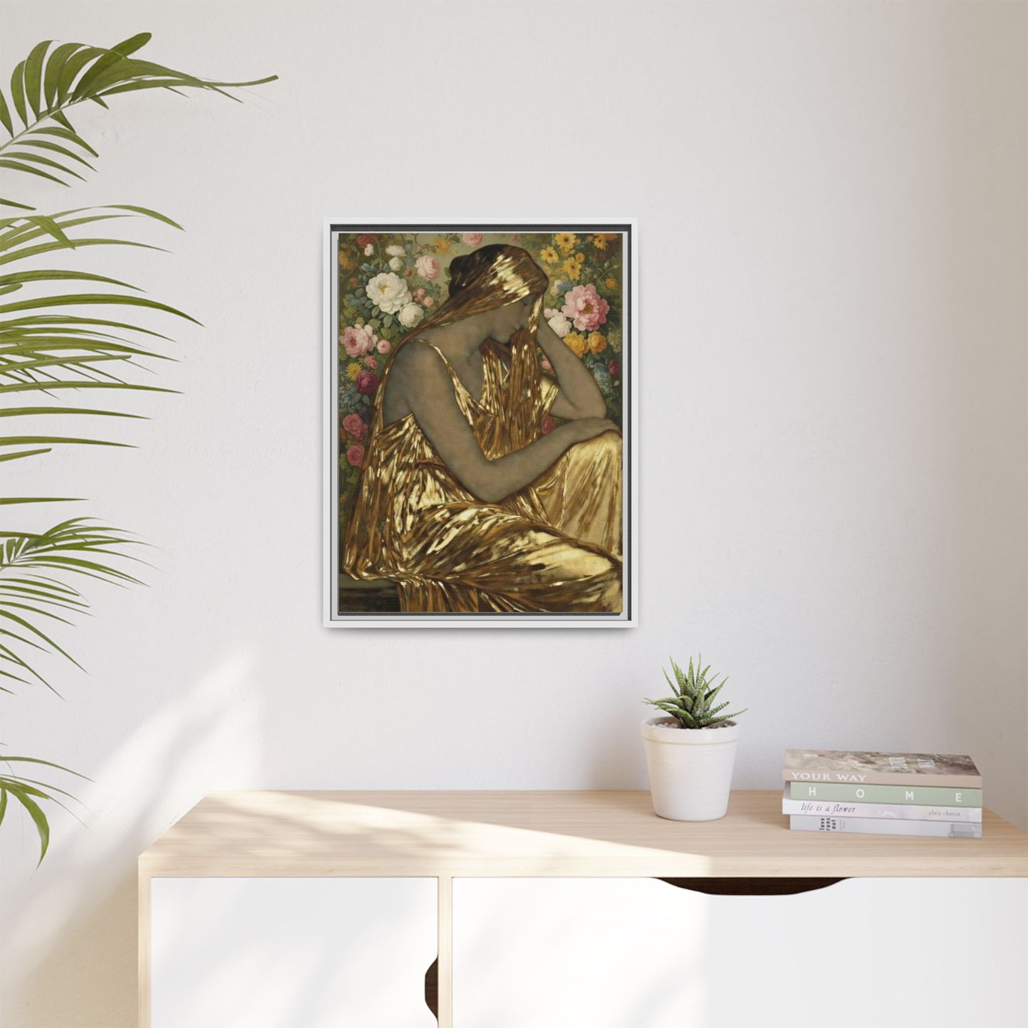 Framed Canvas Art Print — Golden Muse Woman with Floral Background
