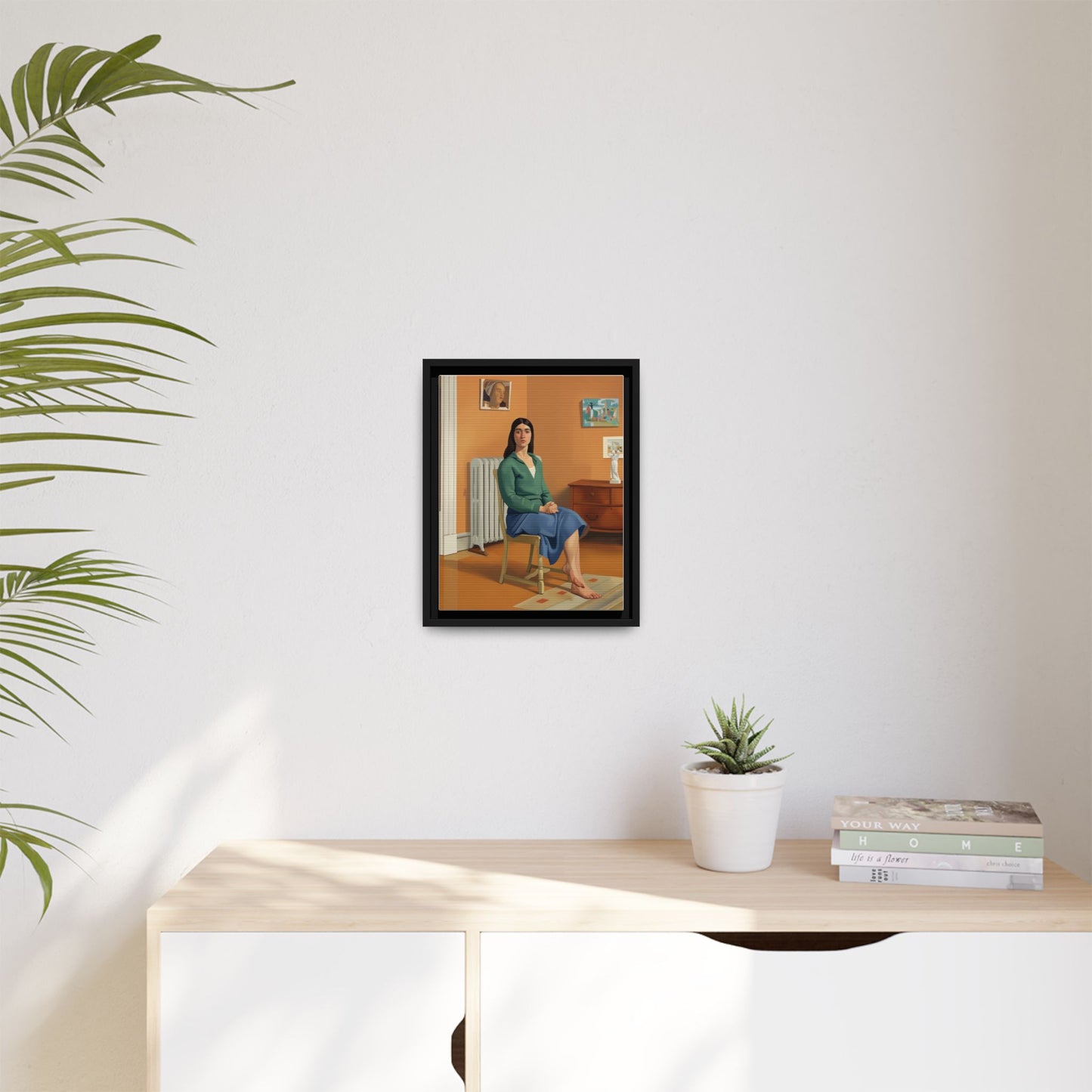 Framed Matte Canvas Print — Woman Seated in Warm Interior (Midcentury Portrait)