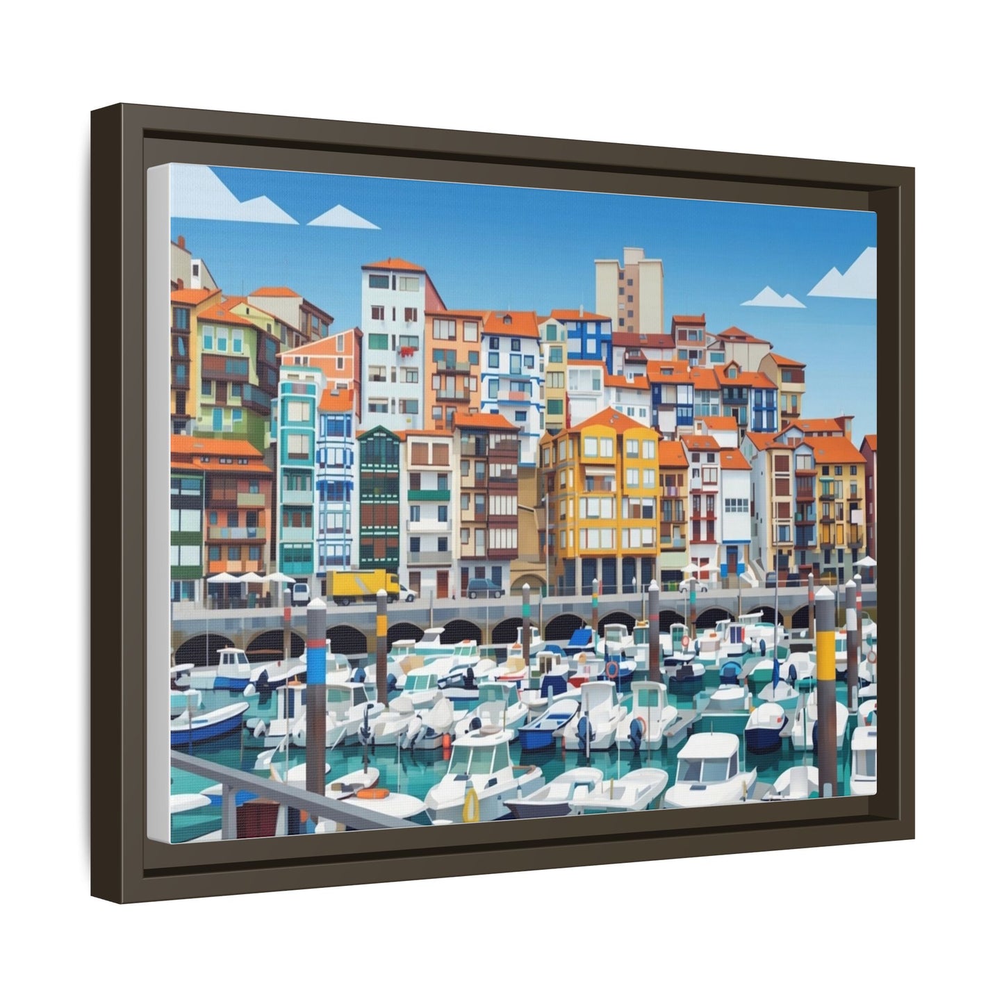 Framed Matte Canvas Print — Colorful Mediterranean Harbor Illustration