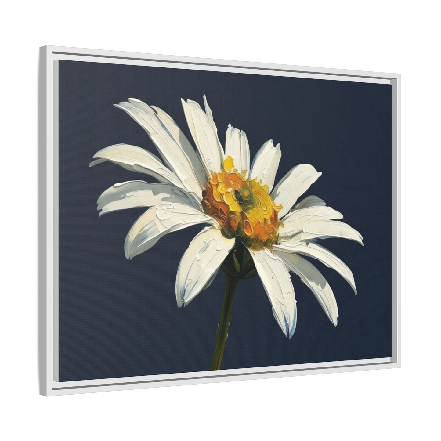 Framed Matte Canvas Daisy Wall Art — White Floral Painting on Navy