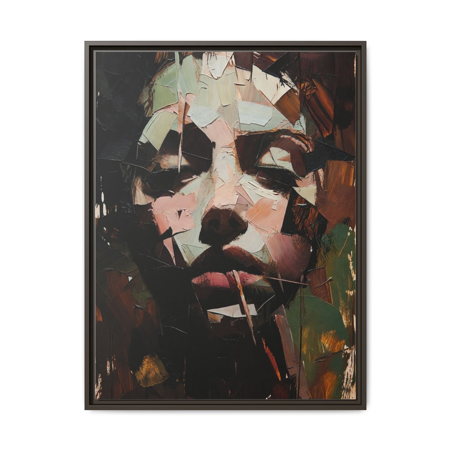 Matte Framed Canvas Art — Abstract Female Portrait, Moody Multicolor