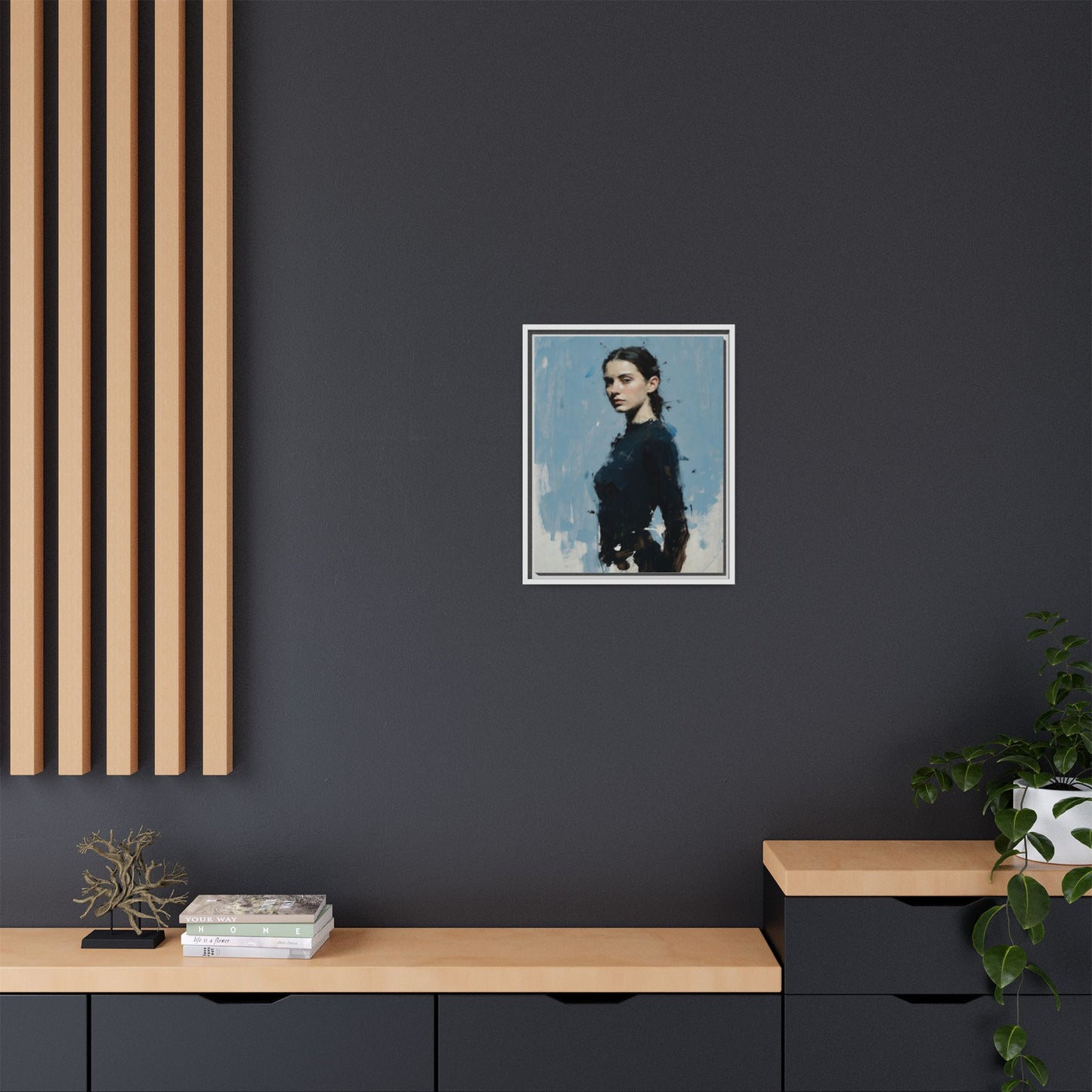 Framed Matte Canvas Portrait Print — Elegant Blue Woman Art