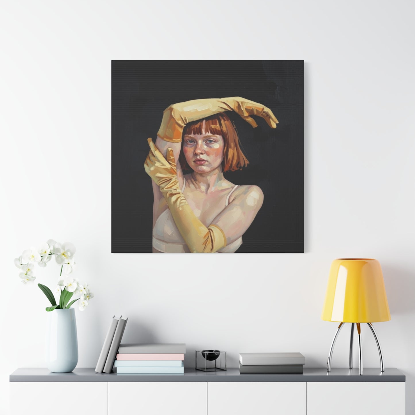 Contemporary Portrait Canvas — Redhead in Yellow Gloves Matte Stretched Art