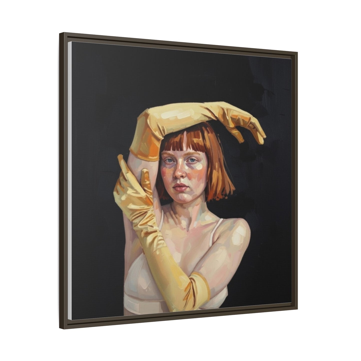 Framed Matte Canvas Art – Portrait of Woman in Yellow Gloves