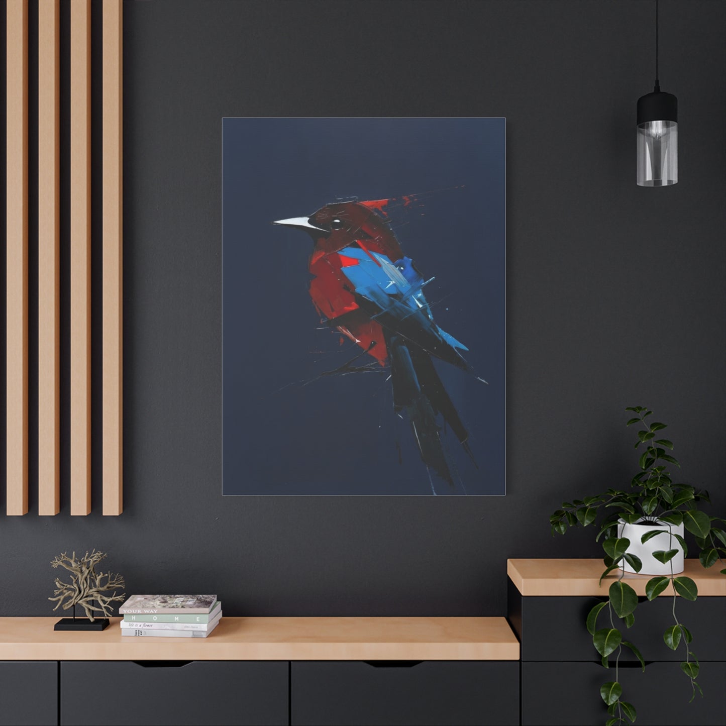Abstract Red & Blue Bird Canvas Print — Matte Stretched Wall Art