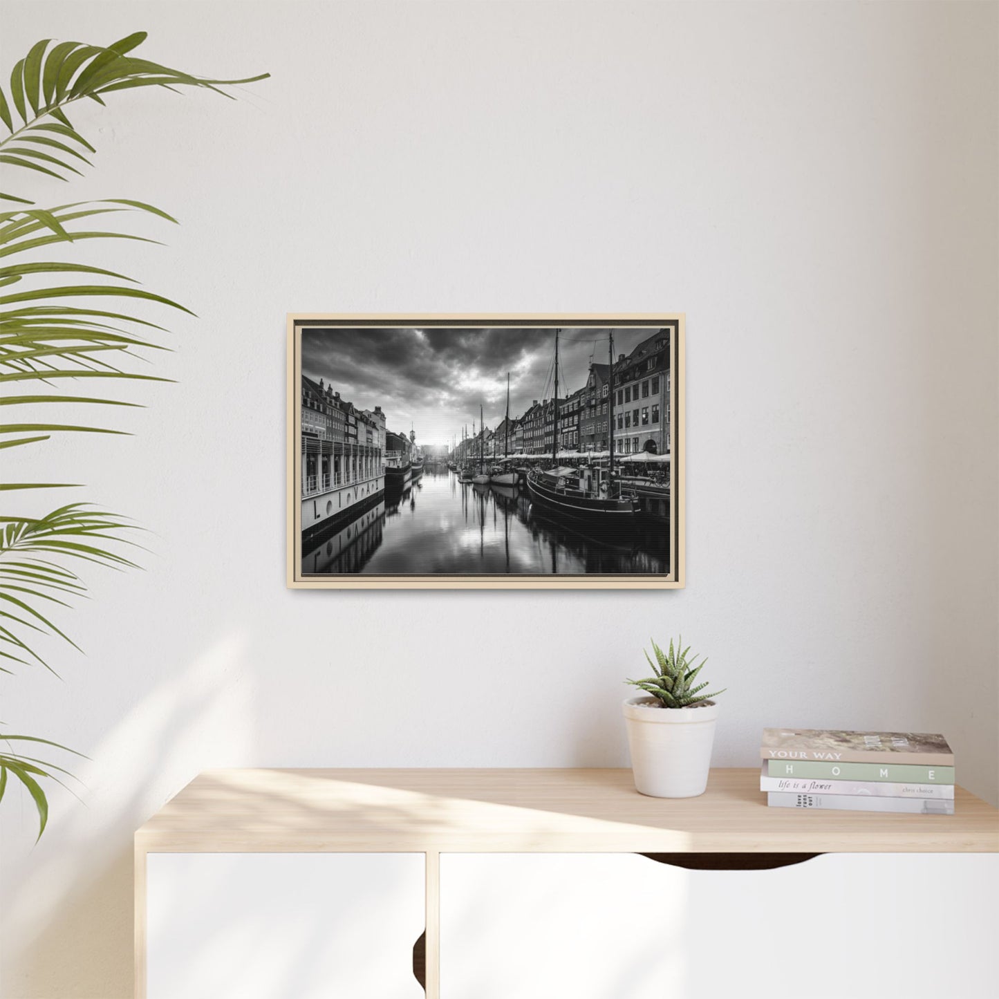 Framed Matte Canvas: Black & White Dutch Canal Photography Wall Art