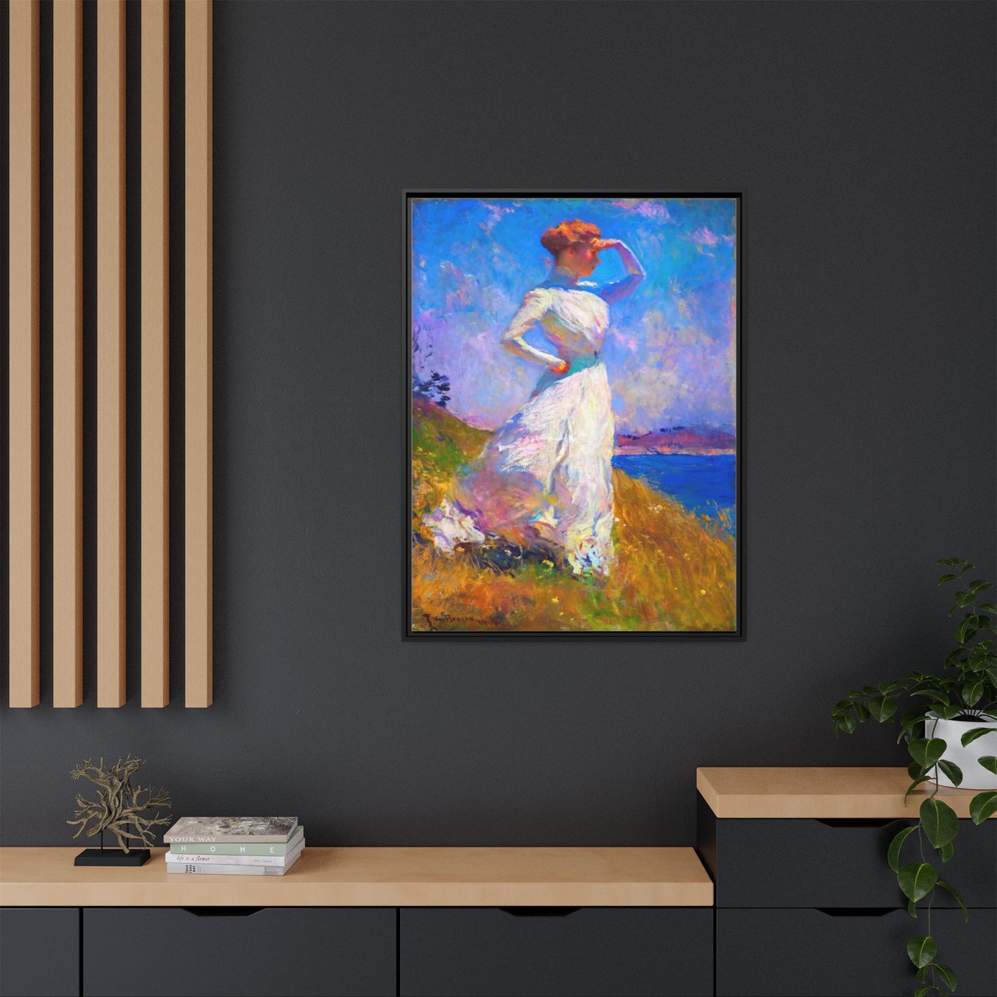 Framed Matte Canvas Art - Woman in White Seaside Impressionist Print