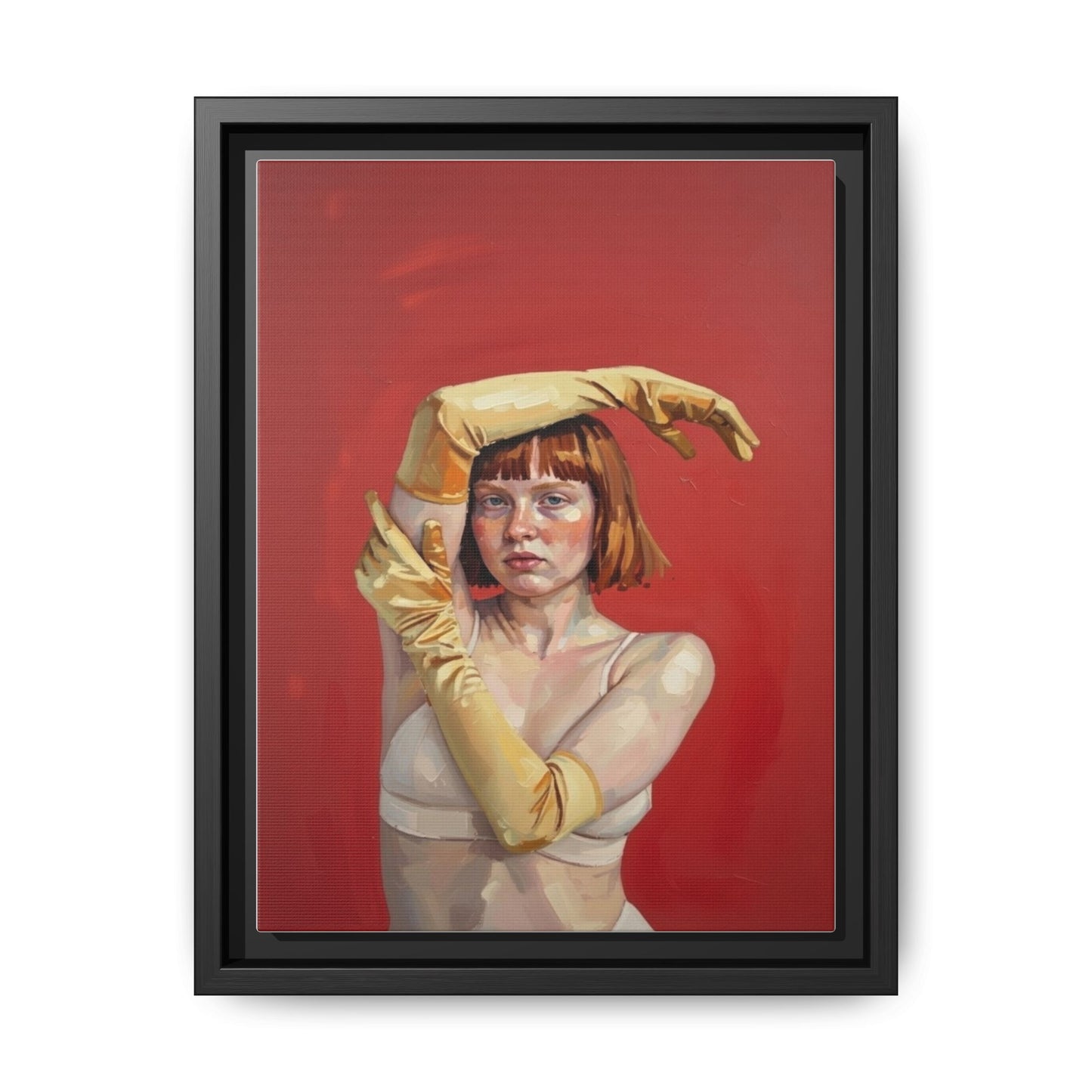 Framed Matte Canvas Art - Portrait of Woman in Yellow Gloves (Red Background)