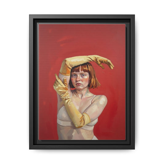 Framed Matte Canvas Art - Portrait of Woman in Yellow Gloves (Red Background)