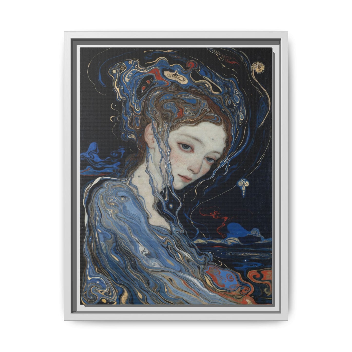 Framed Matte Canvas Art Print — Surreal Blue Maiden Portrait