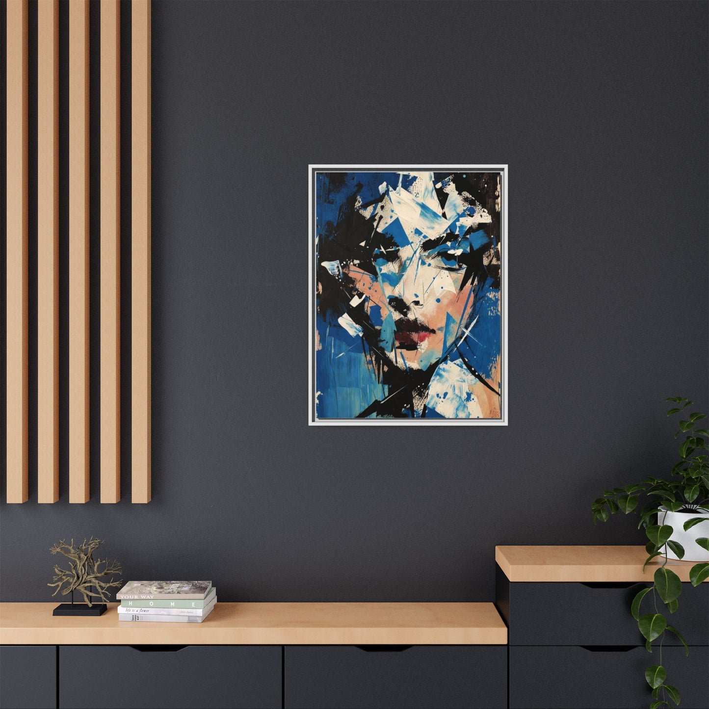 Abstract Portrait Matte Canvas Framed Wall Art — Blue Mixed-Media Face Print