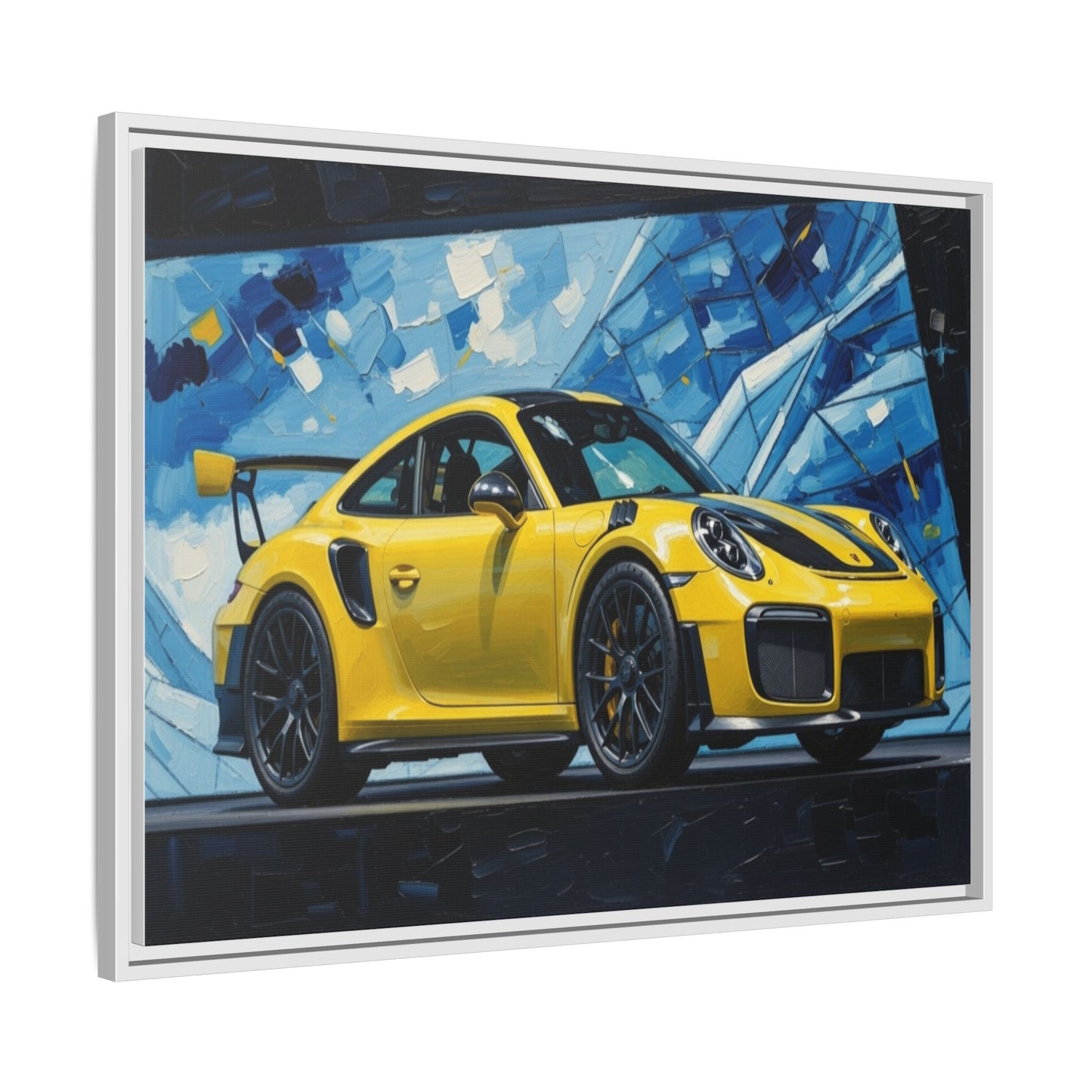 Yellow Porsche Sports Car Matte Framed Canvas – Modern Automotive Wall Art