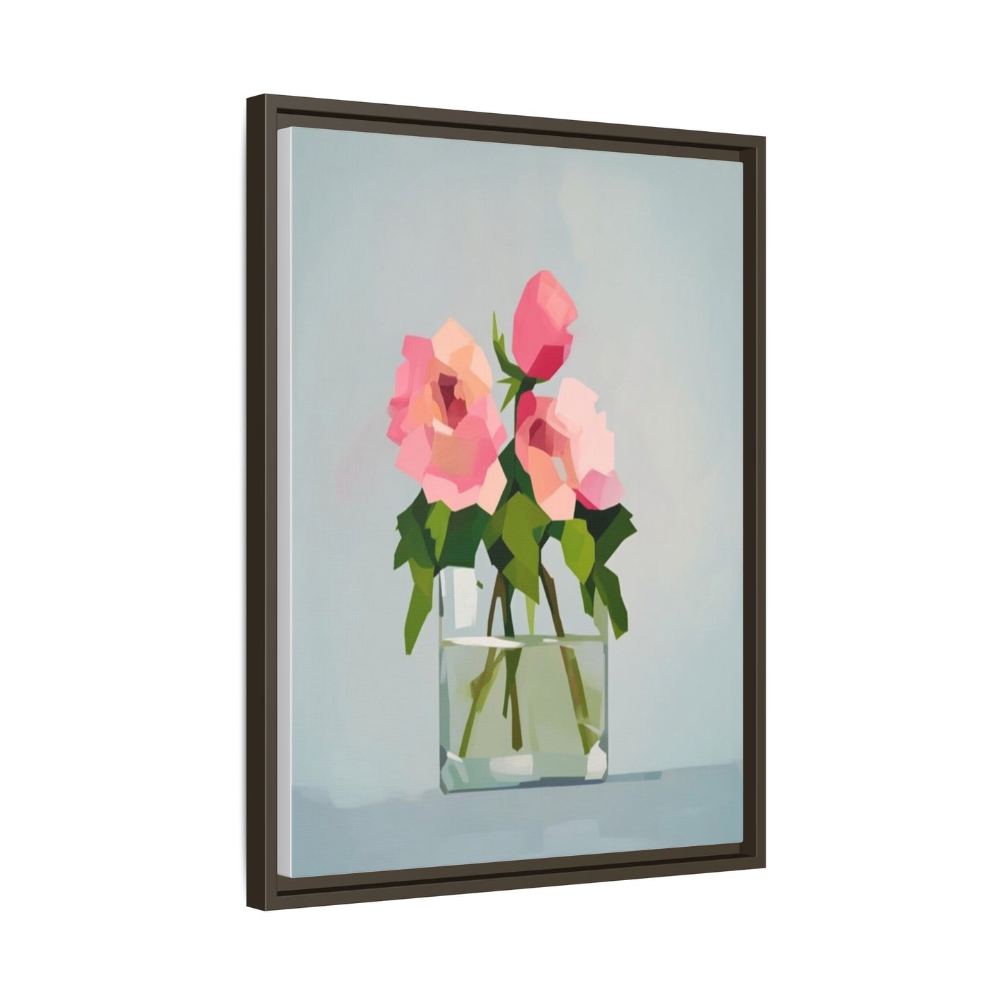Framed Floral Canvas Print — Pink Roses in Glass Vase (Matte)